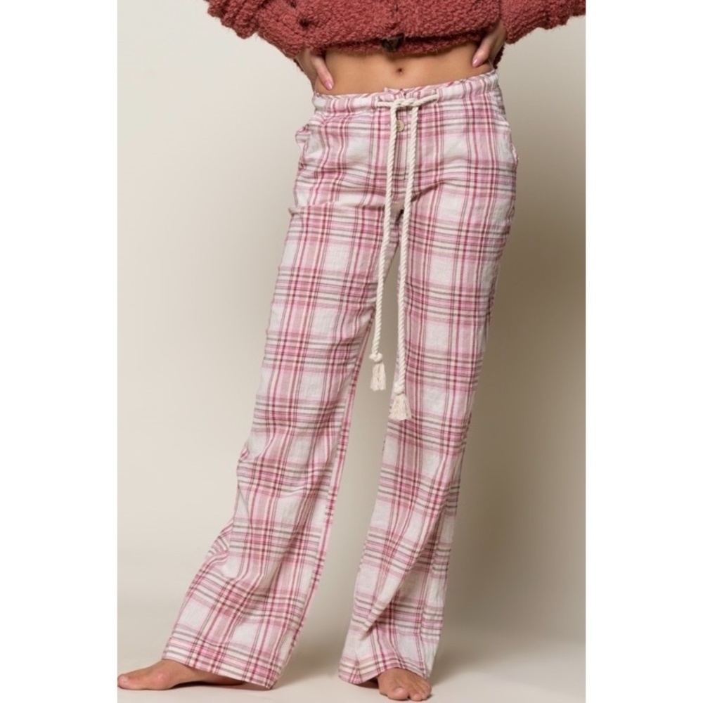 POL Red & White Plaid Drawstring Cotton Trouser Pants - Picture 2 of 7